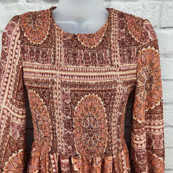 Bohme Kinsley Printed Smocked Tiered Long Sleeve Boho Midi Dress Women's Small - Picture 4 of 16